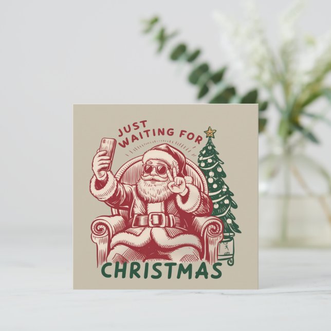 Just Waiting For Christmas Santa Claus Retro Funny Holiday Card (Standing Front)