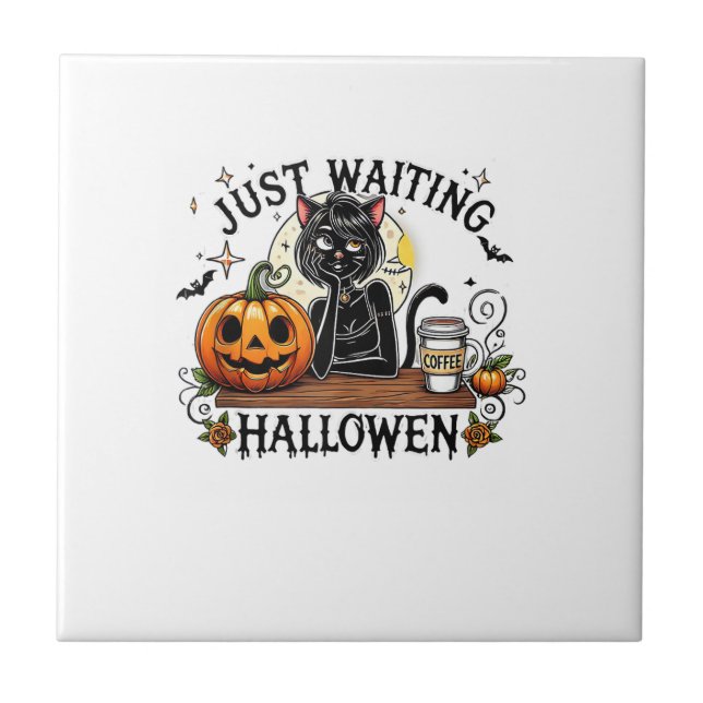 Just Waiting For Halloween Black Cat Lady Ice Coff Ceramic Tile (Front)