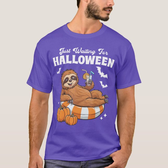 Just Waiting For Halloween Cute Lazy Sloth Hallowe T-Shirt (Front)