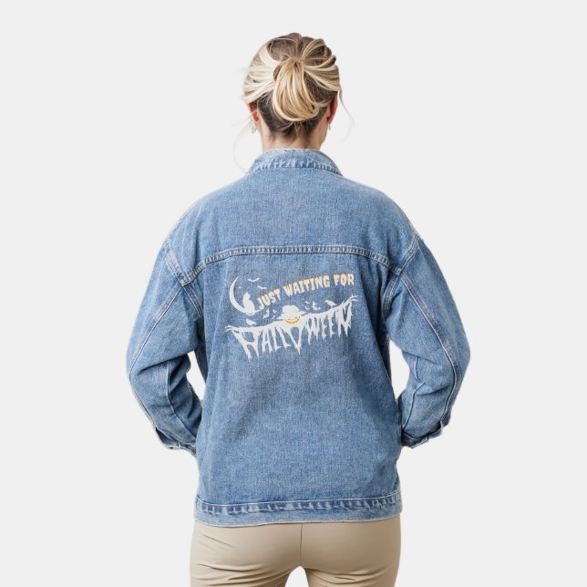 Just Waiting For Halloween Fun Pumpkin Cat Ghostly Denim Jacket (Model)