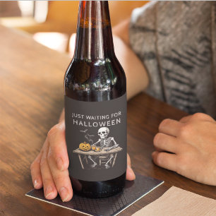 "Just Waiting for Halloween   Fun Skeleton  Beer Bottle Label