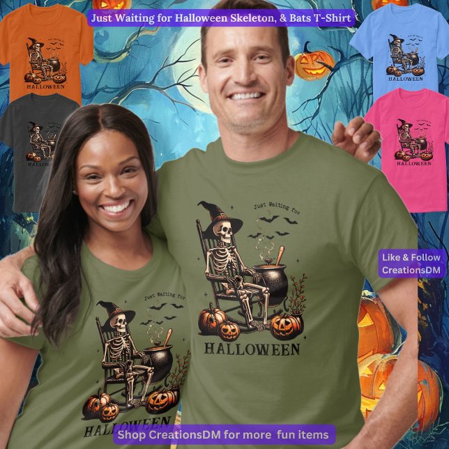 Just Waiting for Halloween Skeleton & Bats T-Shirt (Creator Uploaded)