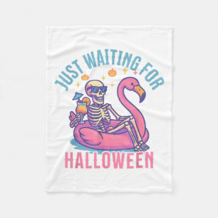 Just Waiting For Halloween Skeleton Flamingo Beach Fleece Blanket