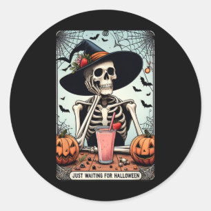 Just Waiting For Halloween Skeleton Hat Witches  Classic Round Sticker