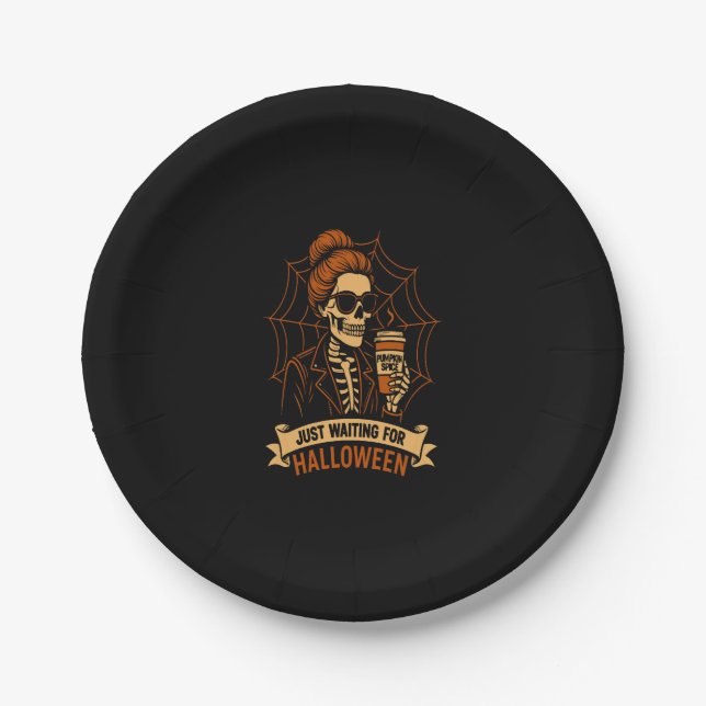 Just Waiting for Halloween Skeleton Paper Plate (Front)