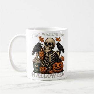 Just Waiting For Halloween Skeleton Ravens Pumpkin Coffee Mug