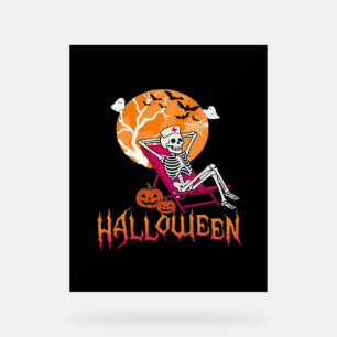 Just Waiting For Halloween Summer Nurse Skeleton P Acrylic Sign