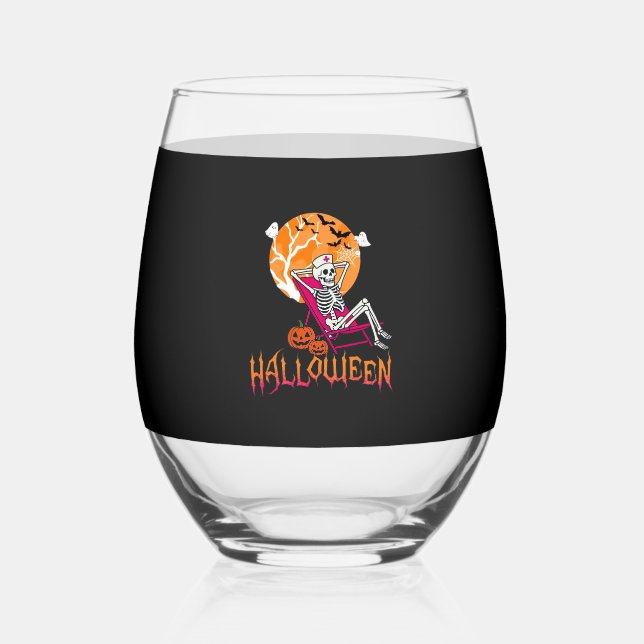 Just Waiting For Halloween Summer Nurse Skeleton P Stemless Wine Glass (Front)