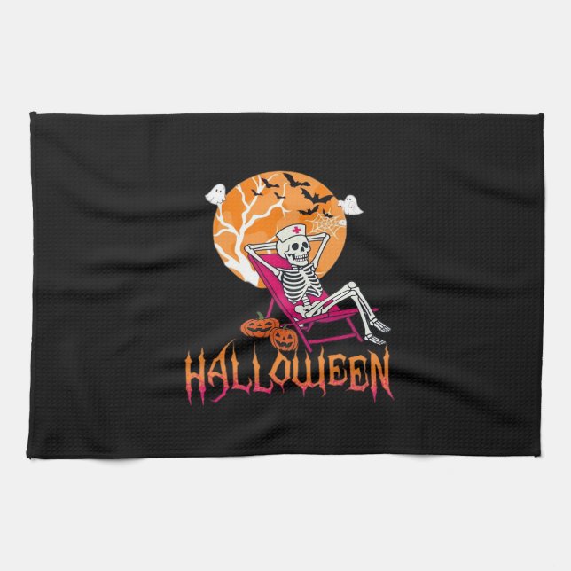 Just Waiting For Halloween Summer Nurse Skeleton P Tea Towel (Horizontal)