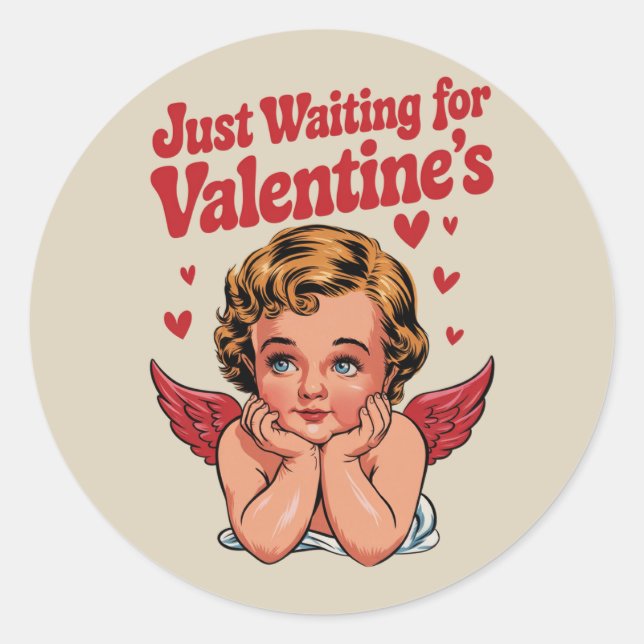 Just Waiting For Valentine's Retro Baby Cupid Love Classic Round Sticker (Front)