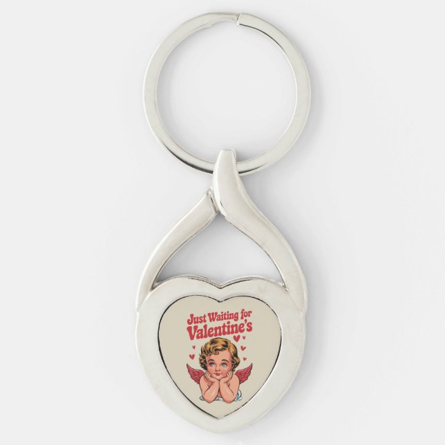 Just Waiting For Valentine's Retro Baby Cupid Love Key Ring (Front)