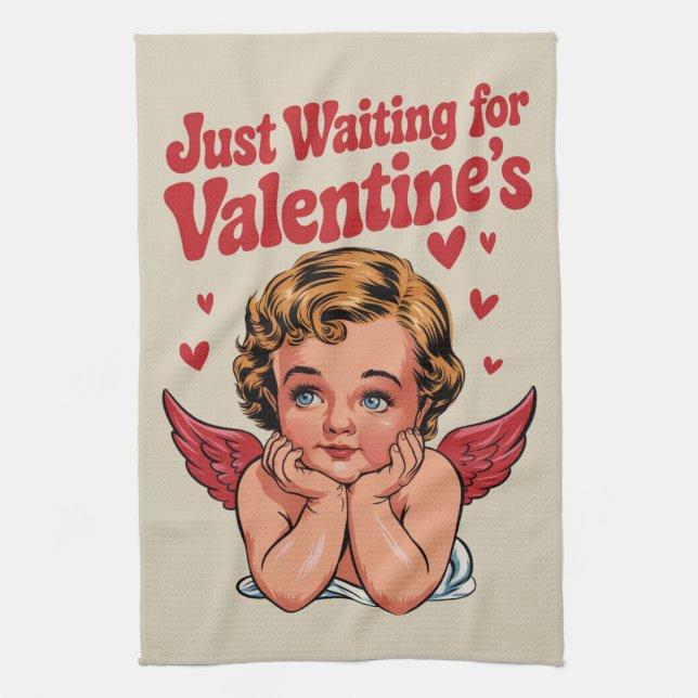Just Waiting For Valentine's Retro Baby Cupid Love Tea Towel (Vertical)