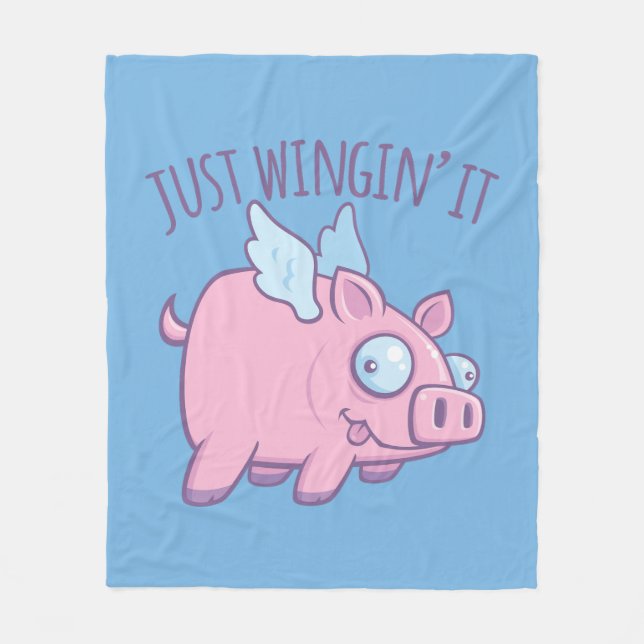 Just Wingin’ It Derpy Flying Pig Fleece Blanket (Front)