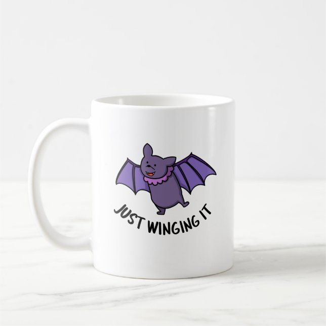 Just Winging It Funny Bat Pun  Coffee Mug (Left)