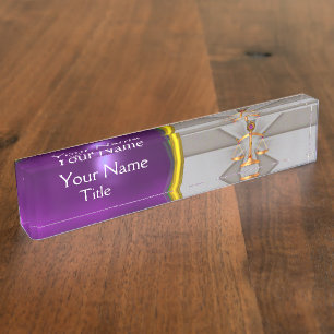 JUSTICE,GOLD SCALES OF LAW,ATTORNEY Purple Grey Nameplate
