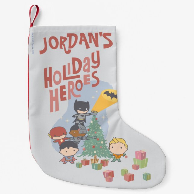 Justice League Chibi Holiday Tree Decorating Small Christmas Stocking (Front)