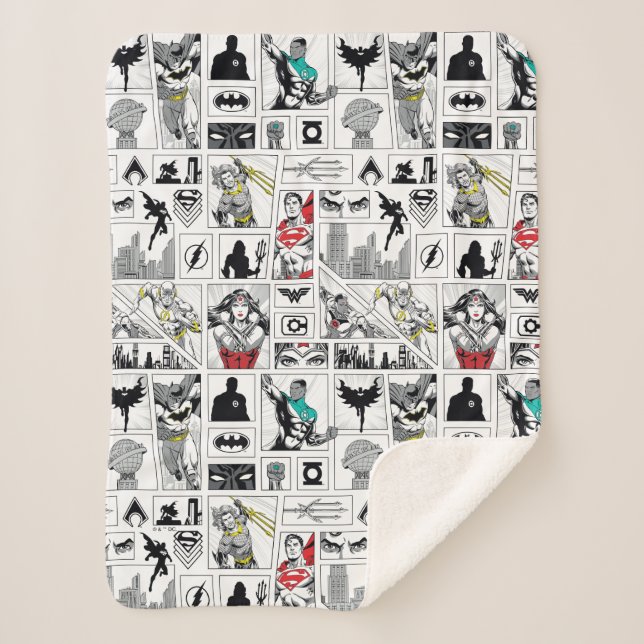 Justice League Heroic Panel Pattern Sherpa Blanket (Front)
