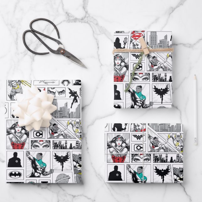 Justice League Heroic Panel Pattern Wrapping Paper Sheet (Front)