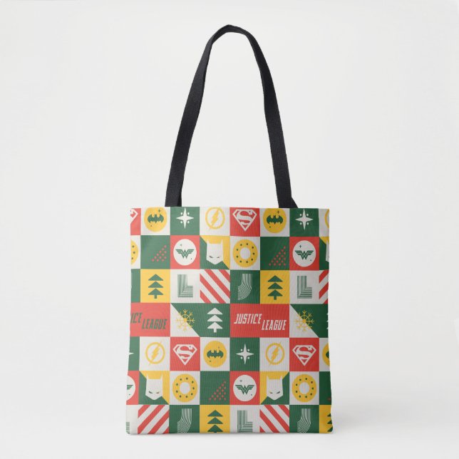 Justice League Holiday Grid Pattern Tote Bag (Front)