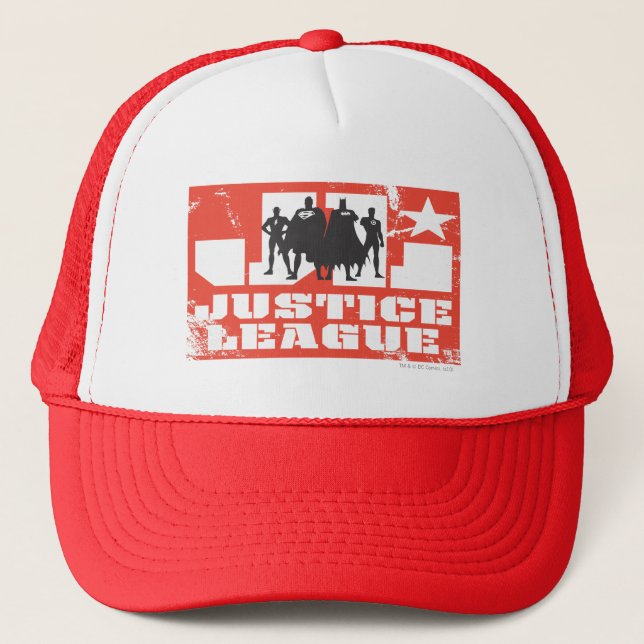 Justice League Logo and Character Silhouettes Trucker Hat (Front)