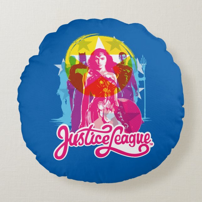 Justice League | Retro Group & Logo Pop Art Round Cushion (Front)