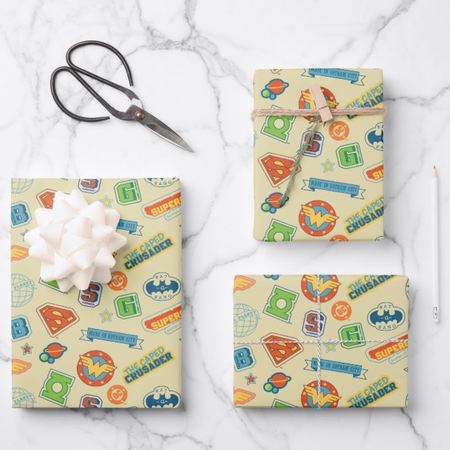 Justice League Super Hero Badge Pattern Wrapping Paper Sheet (Front)