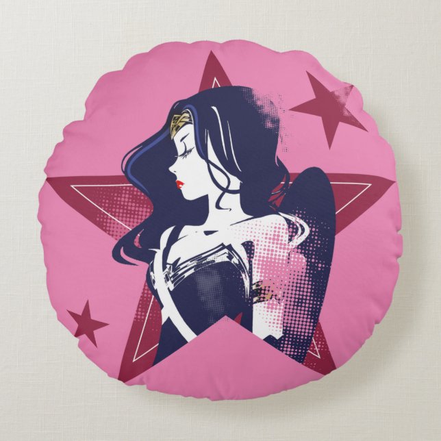 Justice League | Wonder Woman & Stars Pop Art Round Cushion (Front)