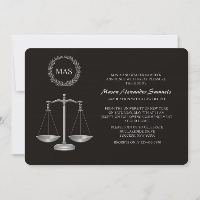 Justice Scale & Wreath Law School Graduation Inv Invitation (Front)