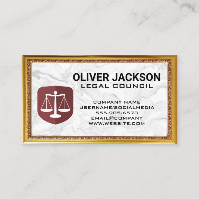 Justice Scales Logo | Marble Gold Antique Frame Business Card (Front)