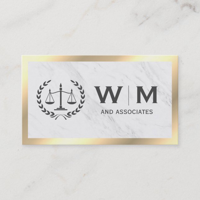 Justice Scales Monogram Marble Gold Border Business Card (Front)
