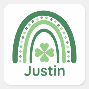 Justin Name Clover Boho Rainbow Square Sticker