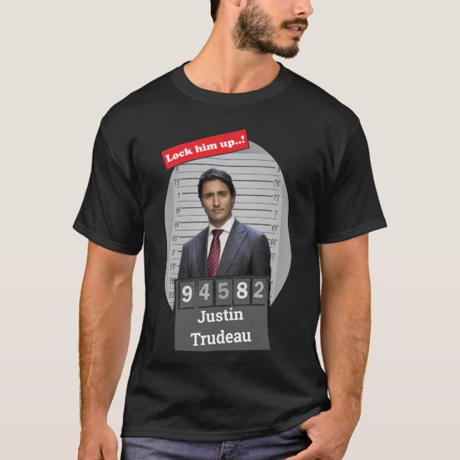 Justin Trudeau 🤣 Funny Mugshot Novelty T-Shirt  (Front)