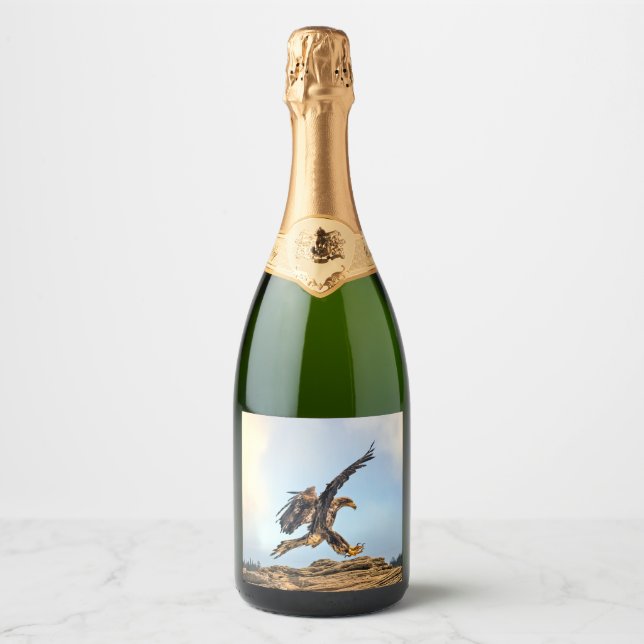 Juvenile Bald Eagle practicing its landing skills. Sparkling Wine Label (Front)