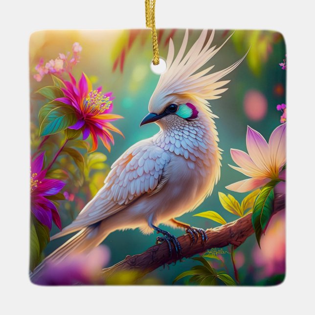 Juvenile Crested Blush Feather Dove Fantasy Bird Ceramic Ornament (Front)