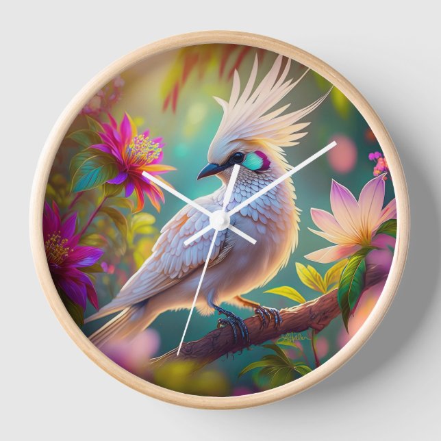 Juvenile Crested Blush Feather Dove Fantasy Bird Clock (Front)