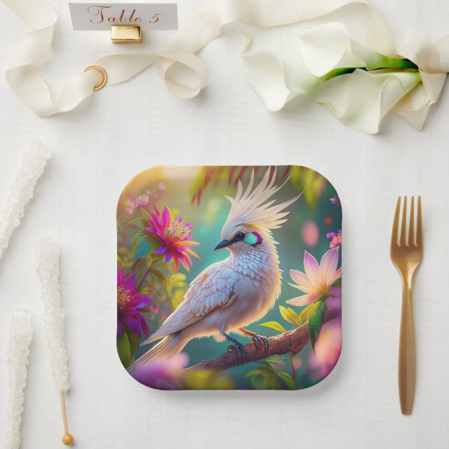 Juvenile Crested Blush Feather Dove Fantasy Bird Paper Plate (Wedding)