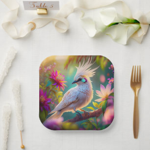 Juvenile Crested Blush Feather Dove Fantasy Bird Paper Plate