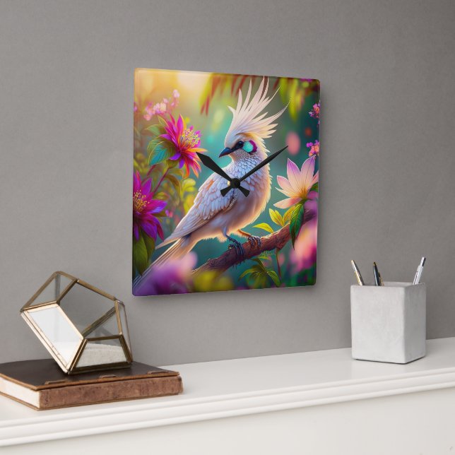 Juvenile Crested Blush Feather Dove Fantasy Bird Square Wall Clock (Office)