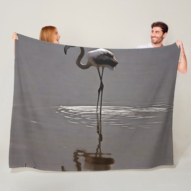 Juvenile Flamingo In Grey With Reflection Fleece Blanket (In Situ)