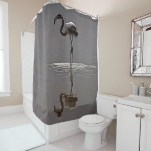 Juvenile Flamingo In Grey With Reflection Shower Curtain