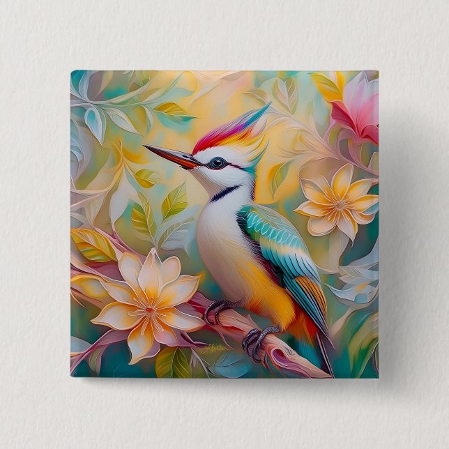 Juvenile Rainbow Woodpecker Fantasy Bird 15 Cm Square Badge (Front)