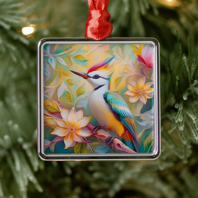 Juvenile Rainbow Woodpecker Fantasy Bird Metal Ornament (Tree)