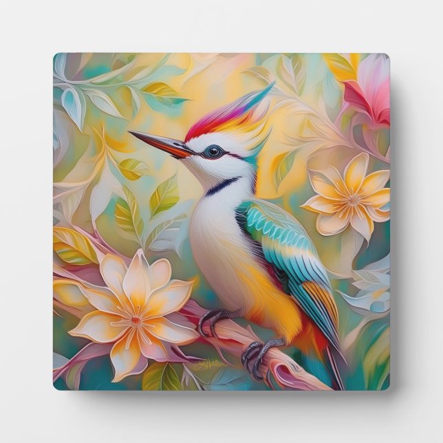 Juvenile Rainbow Woodpecker Fantasy Bird Plaque (Front)