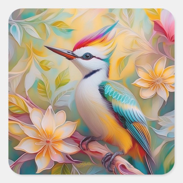 Juvenile Rainbow Woodpecker Fantasy Bird Square Sticker (Front)