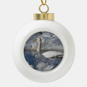 Juvenile Swan in Icey River Ceramic Ball Christmas Ornament