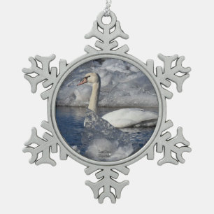 Juvenile Swan in Icey River Snowflake Pewter Christmas Ornament
