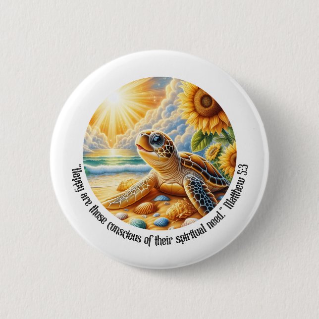 JW 2026 Year Text Happy Turtle Matthew 5:3 6 Cm Round Badge (Front)