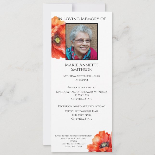 JW Memorial-Funeral Invitation Red Poppy  (Front)