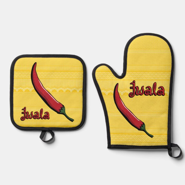 Jwala Chilli Pepper Oven Mitt & Pot Holder Set (Front)