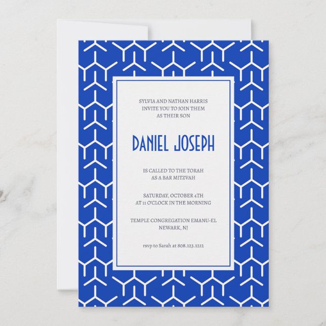 Jweish blue modern pattern Bar Mitzvah Invitation (Front)